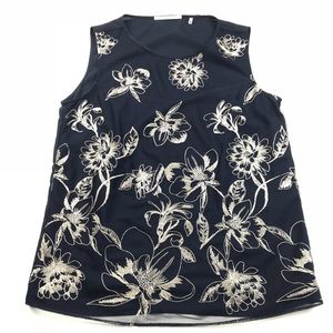 T Tahari Navy Top with Silver Floral Embroidery